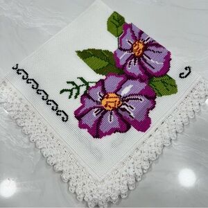 Floral Embroidered White Crochet Doily
